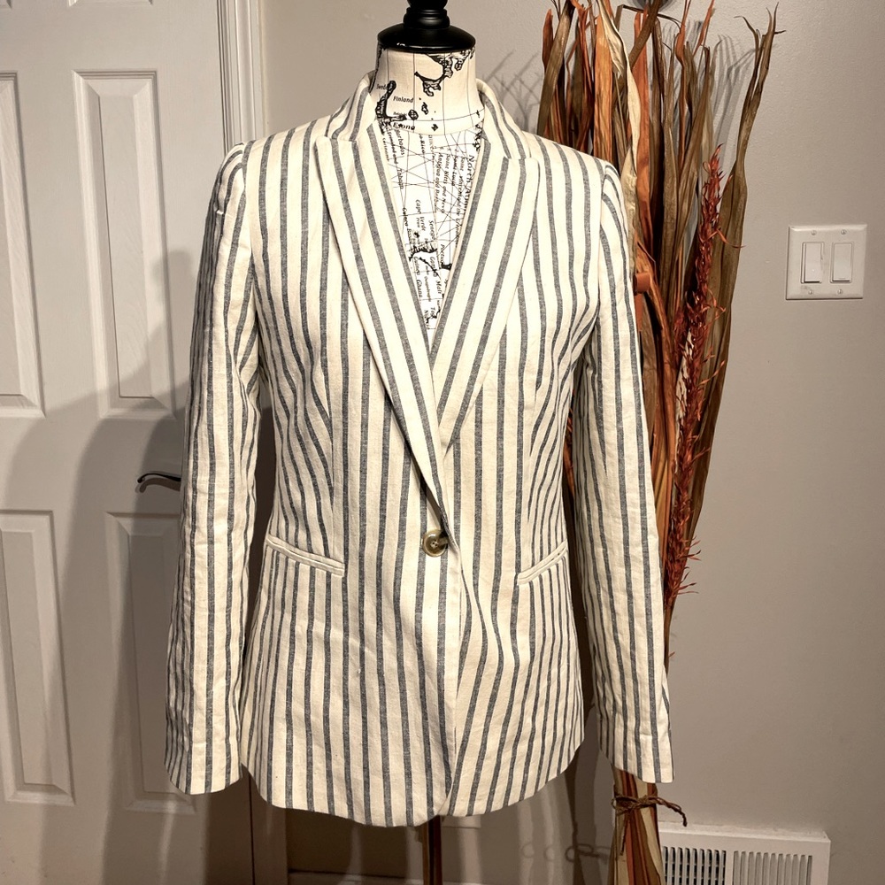 NWOT J. Crew Linen Tailored 1-Button Stripes cotton Work Preppy coastal 8 blazer